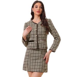 Suit Set 2 Piece Outfits Plaid Tweed Short Blazer and Skirt Brown